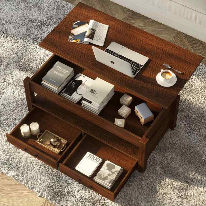 Sleek wooden coffee table with a polished surface and functional storage.