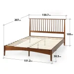 A bedroom corner features a mid-century modern wooden bed with vertical slats on the headboard.