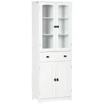 A freestanding white storage cabinet with black handles, featuring both drawers and cabinet space with shelves