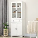 A tall, white HOMCOM kitchen pantry cabinet with four doors, a drawer, and glass-paneled upper doors
