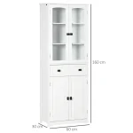 A white pantry cabinet with two glass doors on top revealing stored items, a central drawer, and two solid doors below
