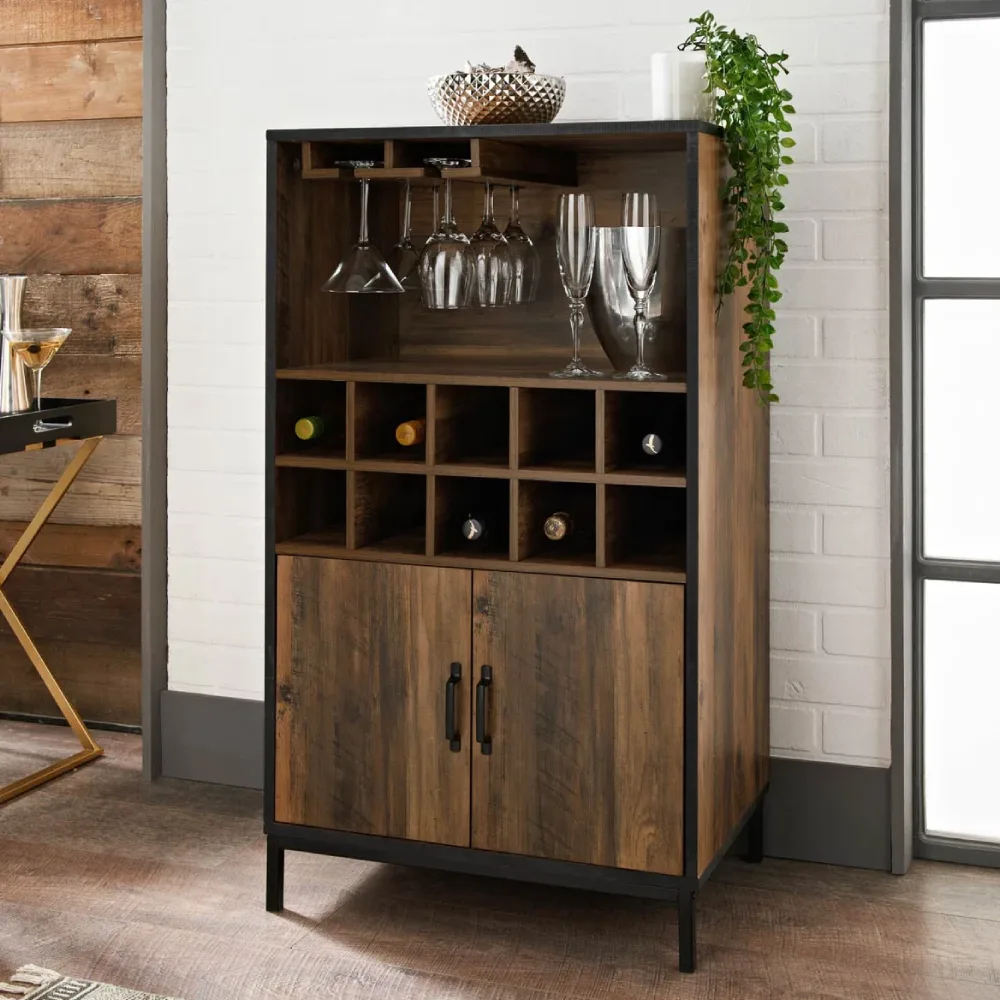 Compact home bar setup with wood finish, glass storage, and wine display.