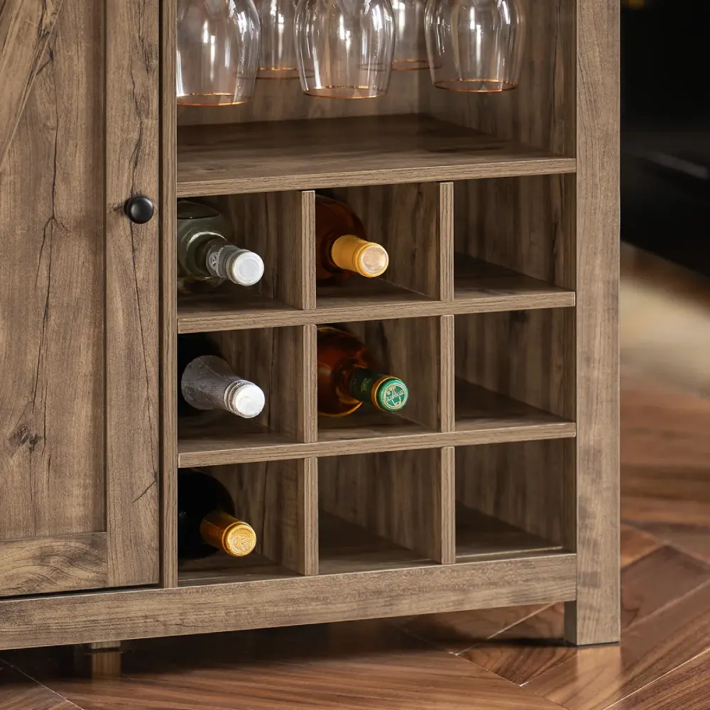 Contemporary home bar unit with open wine storage, hanging stemware rack, and enclosed cabinet