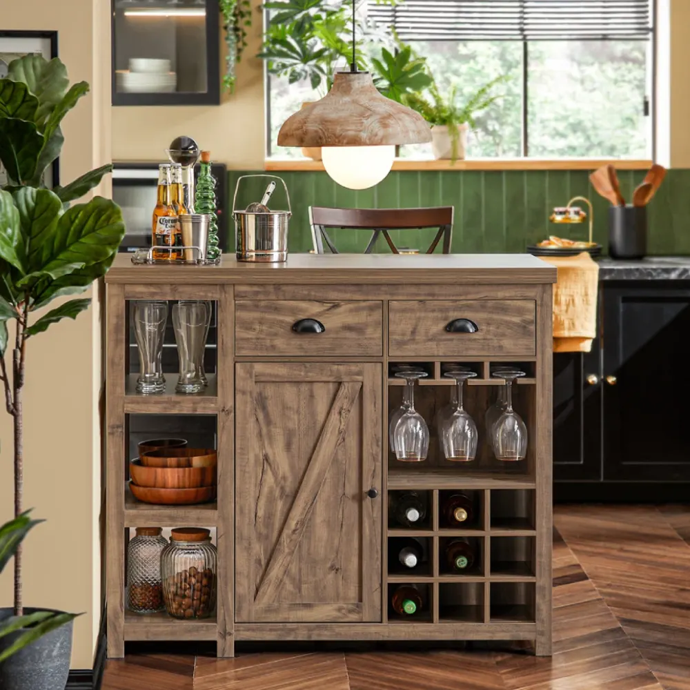 Freestanding bar cabinet featuring glassware holders, cubby wine storage, and bottom cupboard.