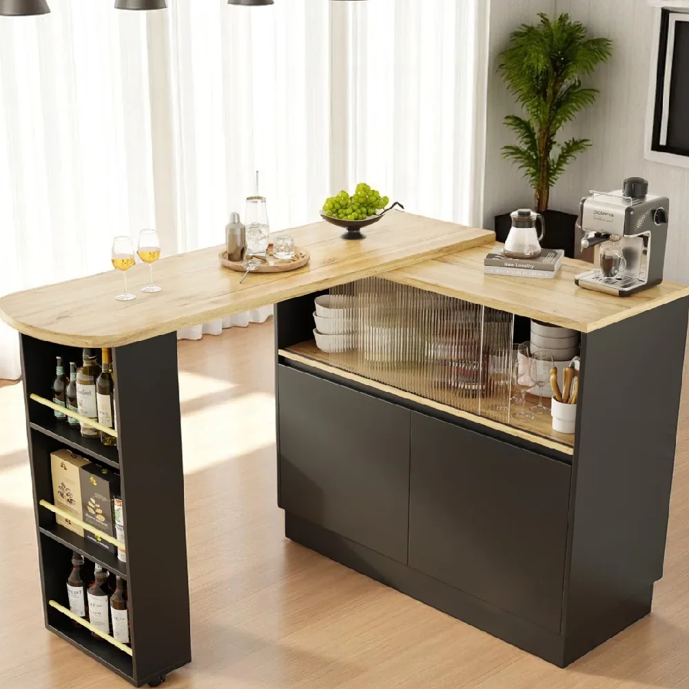 Modern wooden bar unit with wine rack, glass holders, and decorative accents.