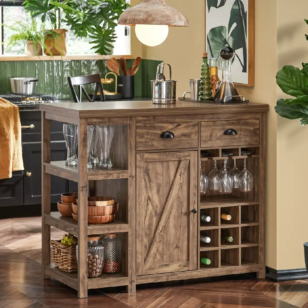 Rustic wood and metal bar cabinet with wine storage and glassware display.